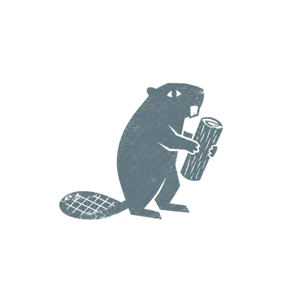 The NYNM beaver, a one-color woodcut stamp standing upright and holding a log