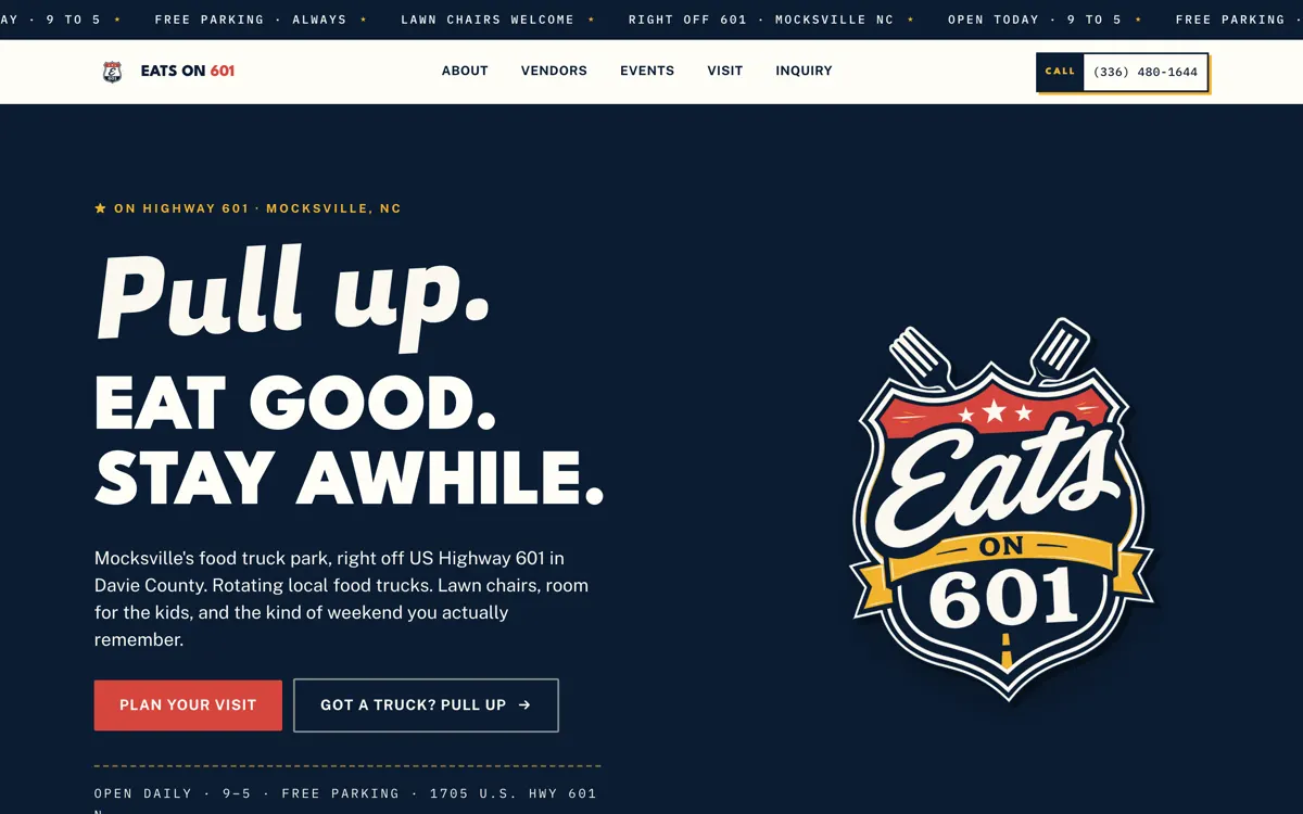Homepage of eatson601.com, the food truck park website designed and built by Not Your Normal Marketing in Mocksville NC