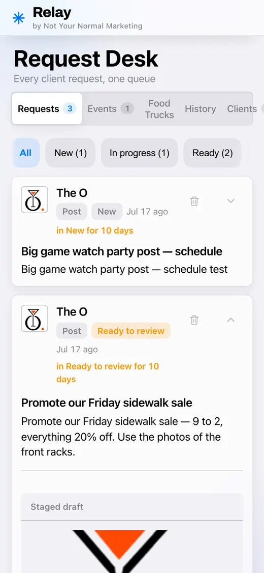Relay request desk app showing the internal queue of client requests