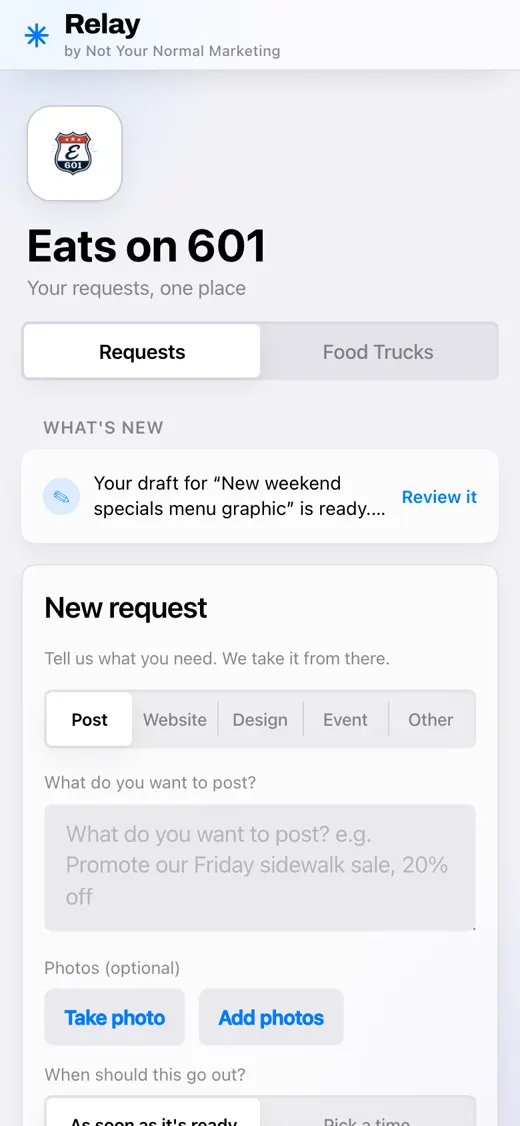 Relay client portal app built by Not Your Normal Marketing, showing a new request form