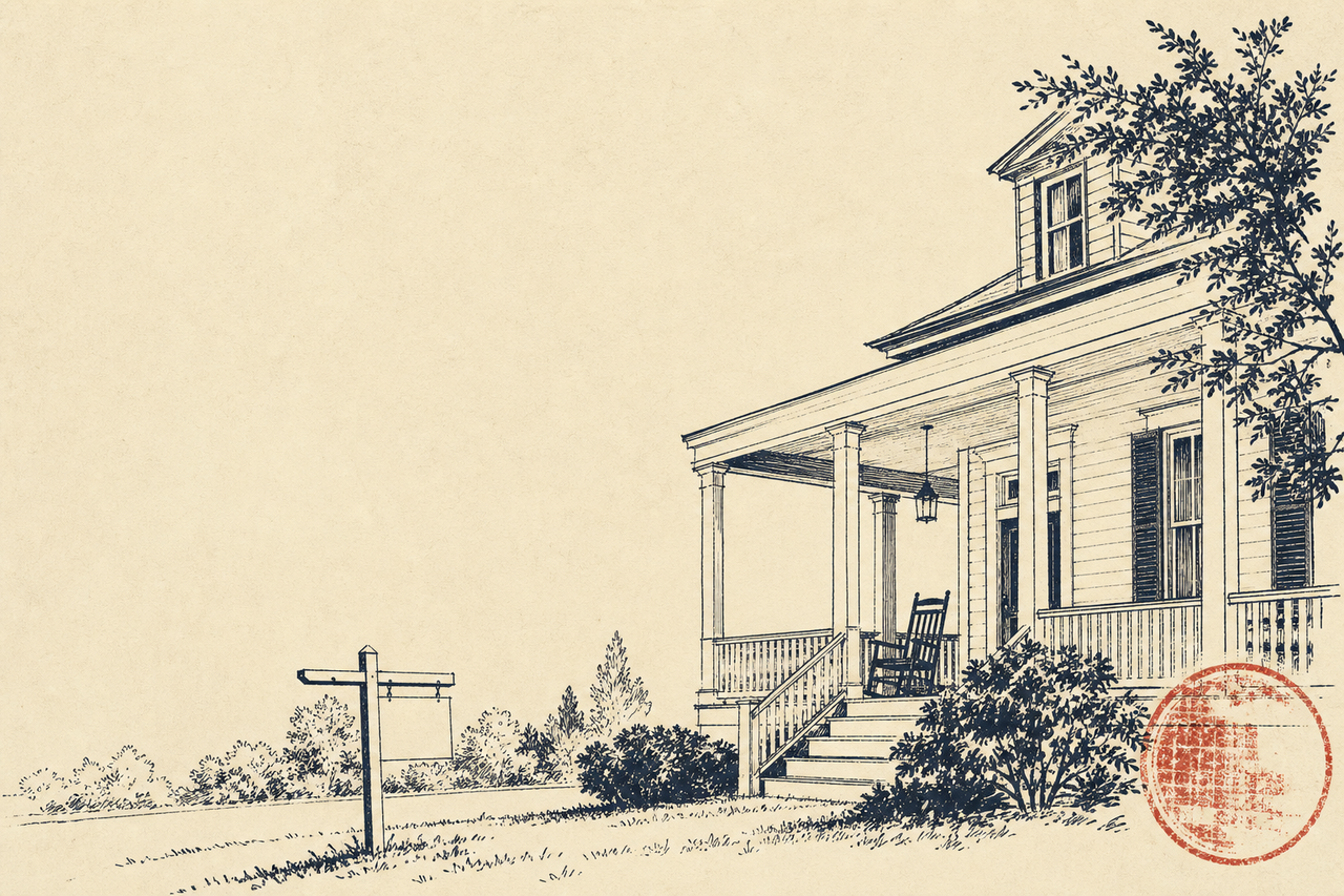 Duotone editorial illustration of a Southern wood-frame house at golden hour with a For Sale sign in the yard, ink on cream paper.