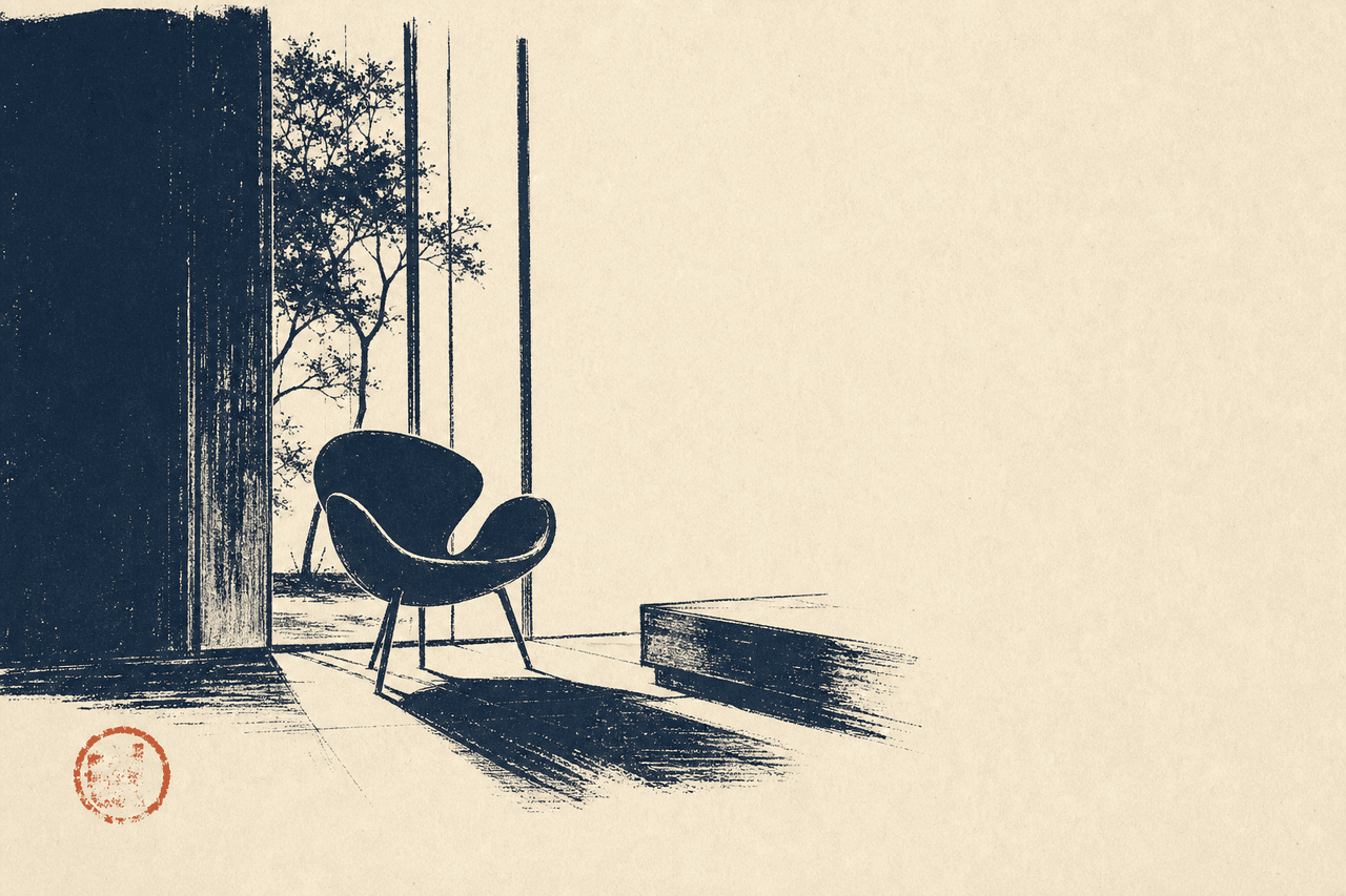 Duotone editorial illustration of a sculptural chair silhouetted against a tall showroom window.