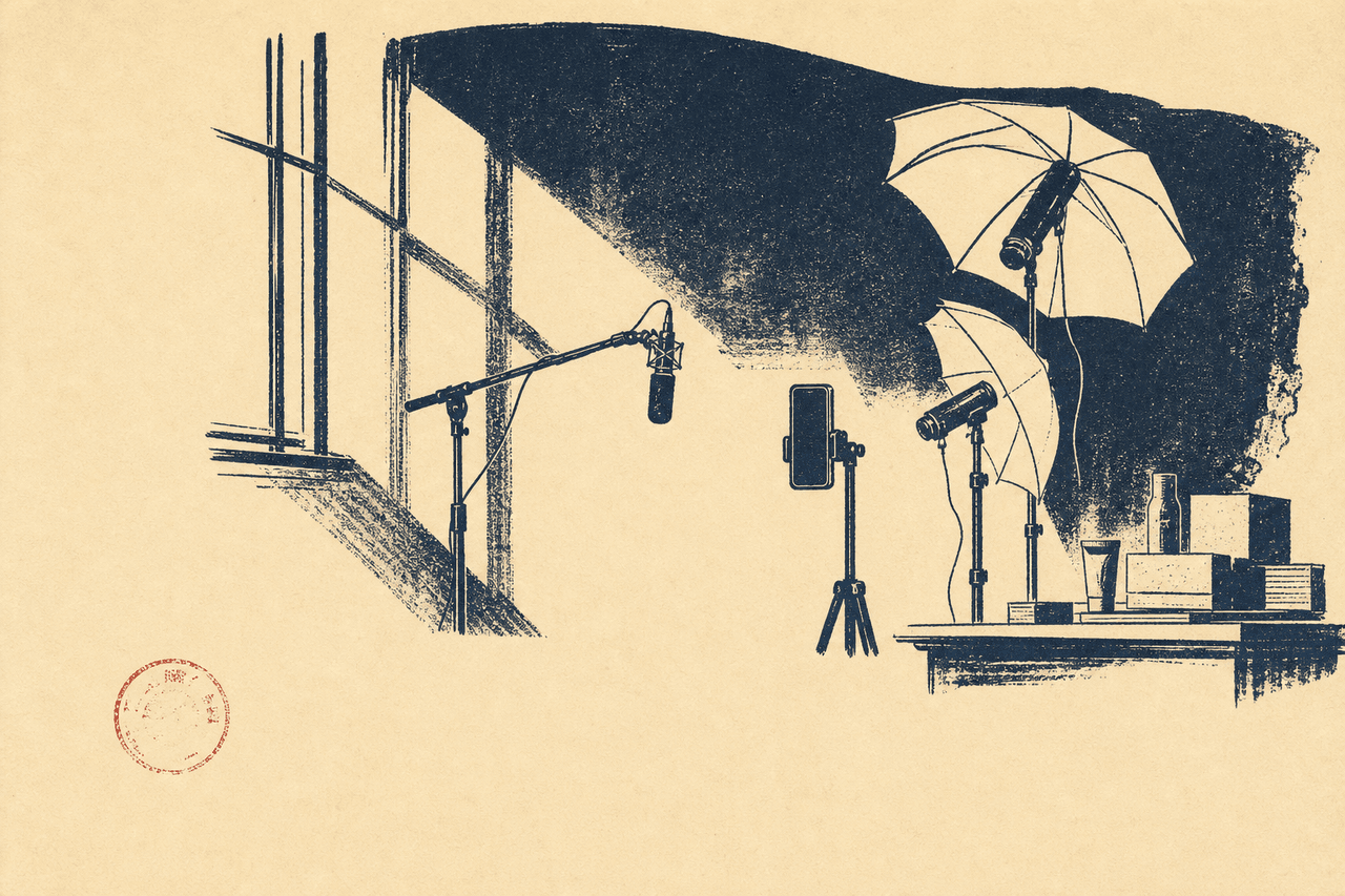 Duotone editorial illustration of a quiet broadcast studio with ring lights, boom microphone, and vertical phone tripod, ink on cream paper.