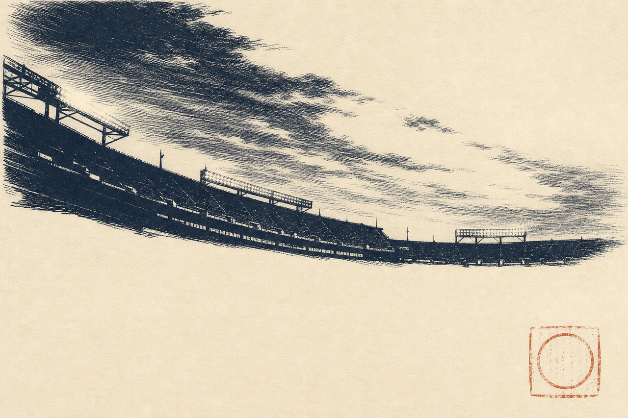 Duotone editorial illustration of an empty NFL stadium at twilight, ink on cream paper.