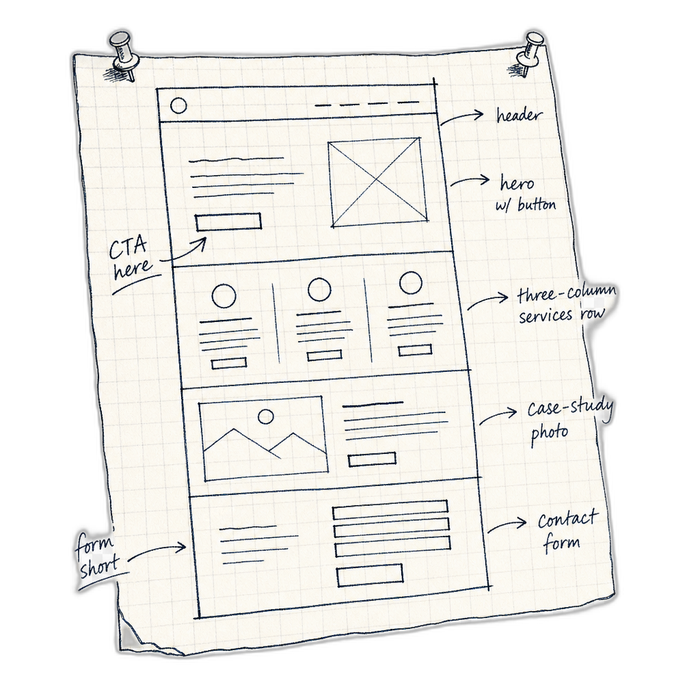 Hand-sketched website wireframe pinned to grid paper, annotated with notes like CTA here