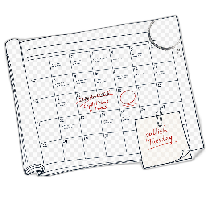 Hand-drawn editorial calendar with red-pen edits and a Publish Tuesday sticky note