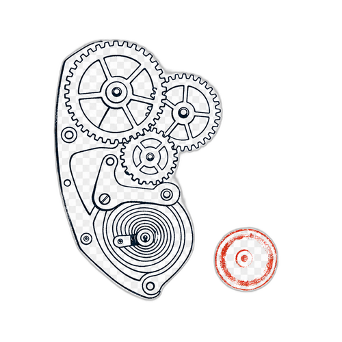 Ink illustration of an exposed clockwork mechanism